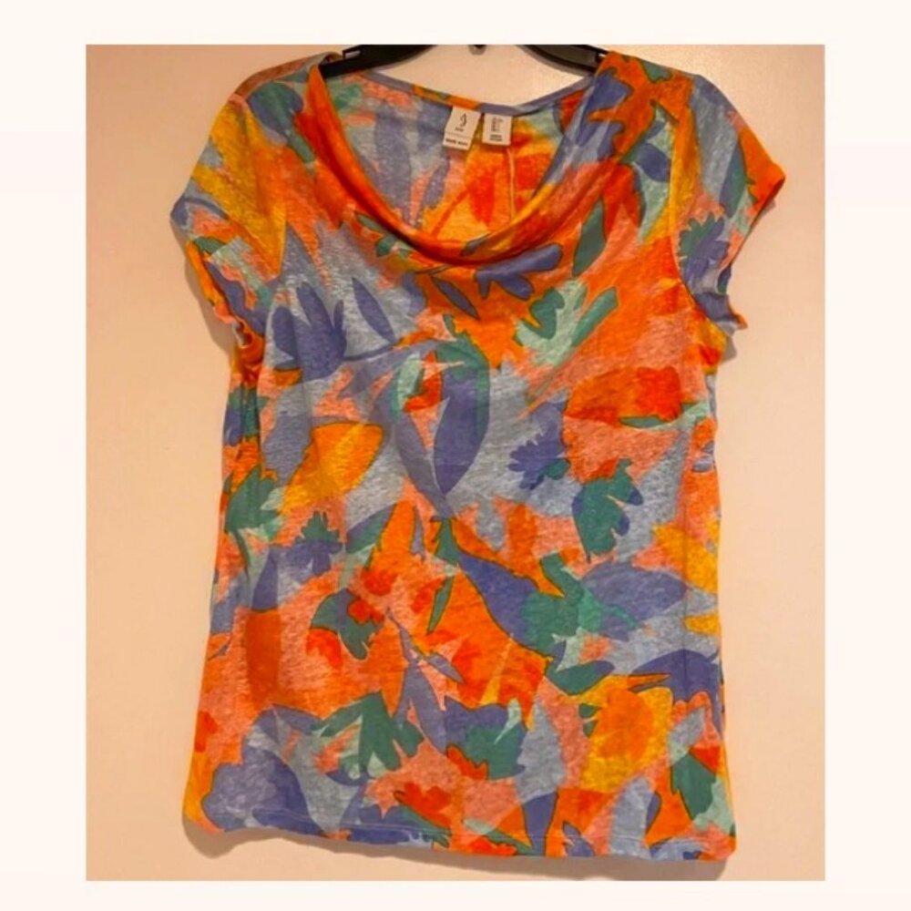 NWT J by Joie Top Blouse Orange Blue Green Tropical Floral Linen Summer Large